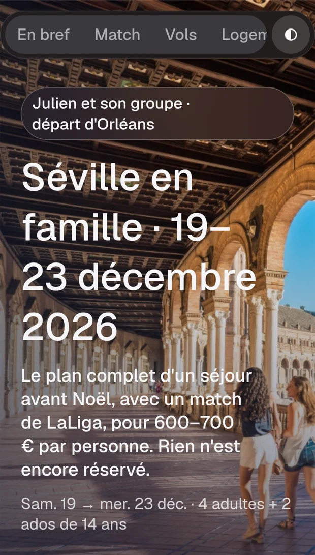 Capture du mini-site créé par Hark : Séville en famille, du 19 au 23 décembre 2026.
